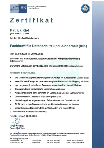 Fachkraft für Datenschutz und -sicherheit-001 Zertifikat Fachkraft für Datenschutz und -sicherheit